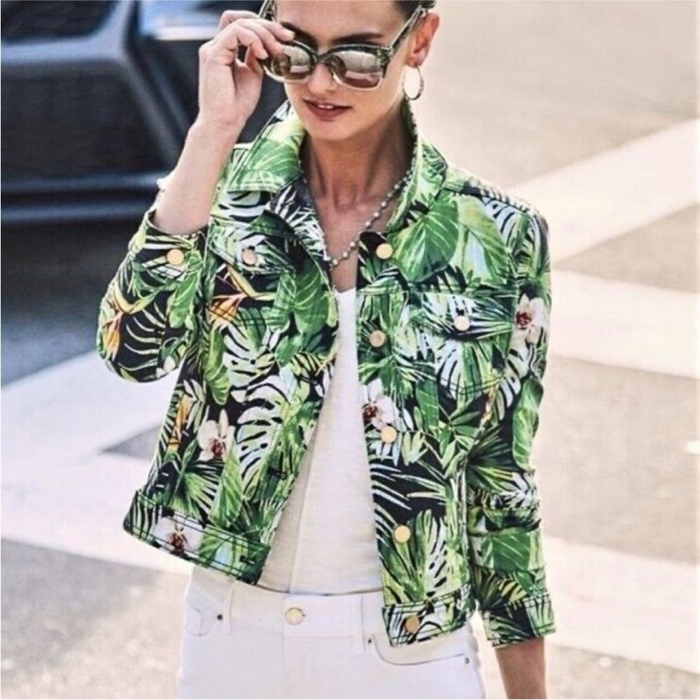 WHBM Tropical Printed Jean Jacket in Emerald Palms Amazon XXS